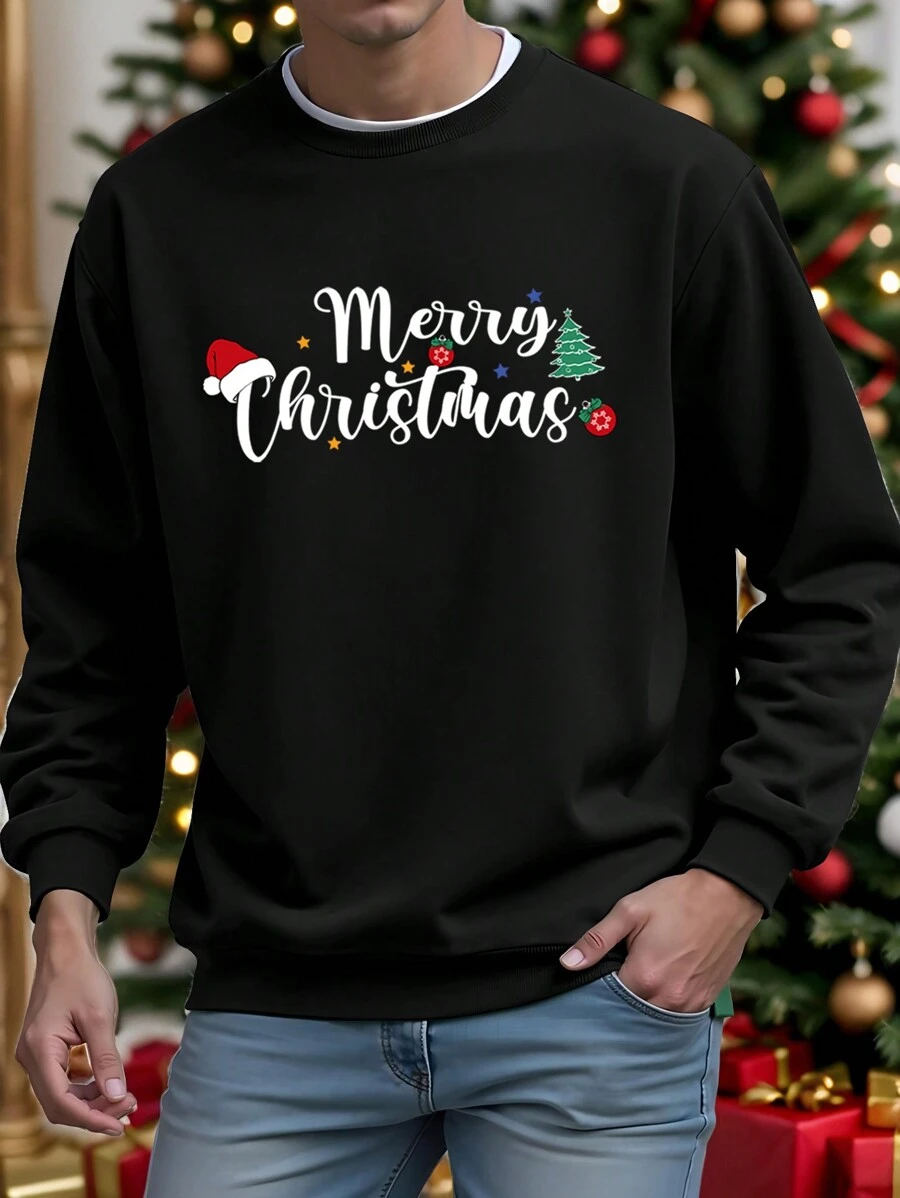 Manfinity Homme Felpa casual nera da uomo con stampa dello slogan "Buon Natale"