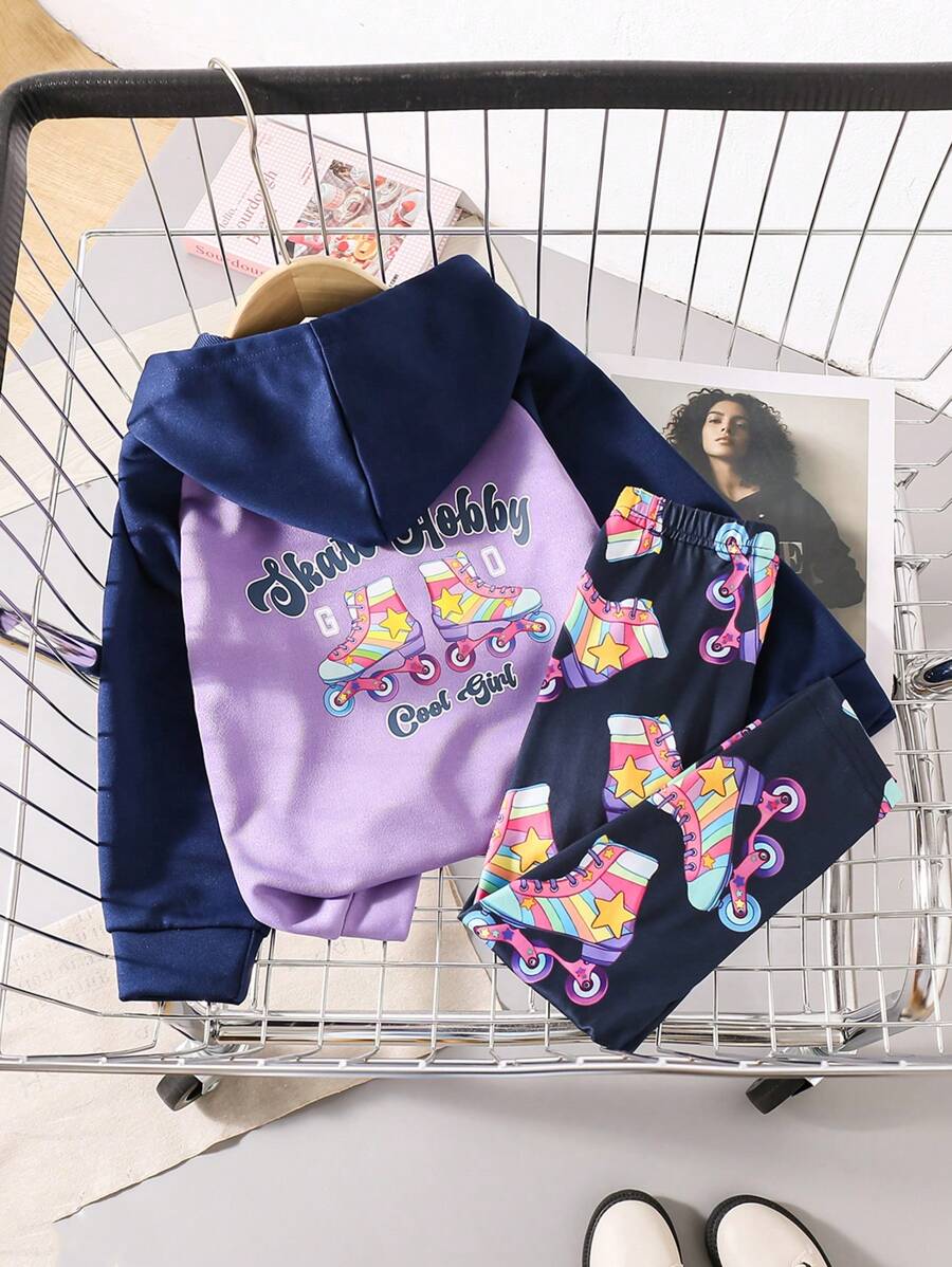 2pcs/Set Little Girls Solid Color Patchwork Long Sleeve Letter Print Graphic Hoodie And Pants Casual Outfit