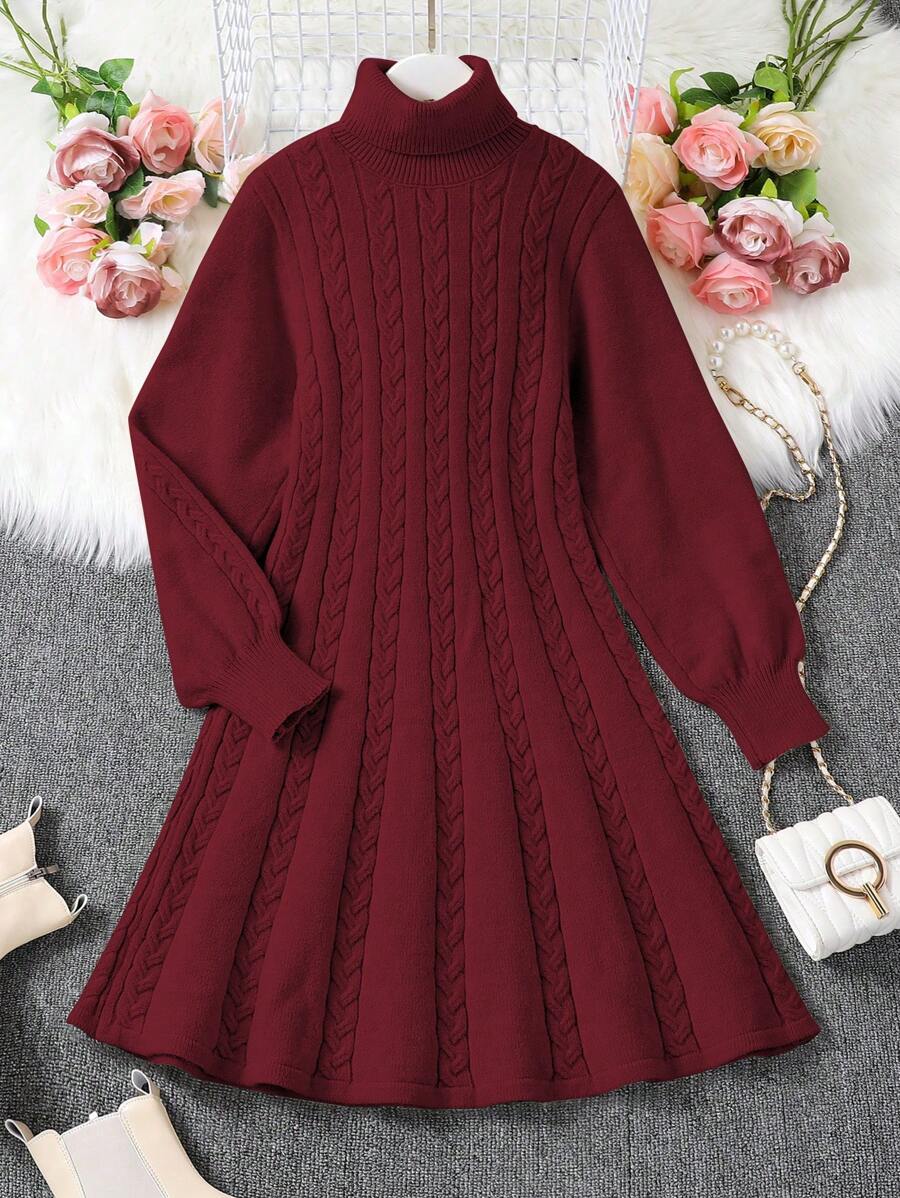 Teen Girl Turtleneck Long Sleeve Cinched Waist A-Line Knitted Midi Dress For Autumn/Winter