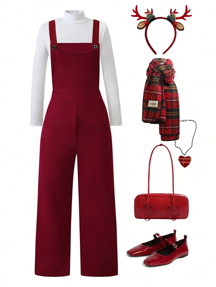 2 Pieces Set For Tween Girl, Casual Red Party Overall Jumpsuit And T-Shirt, Stylish And Versatile, Suitable For Fall And Spring Winter