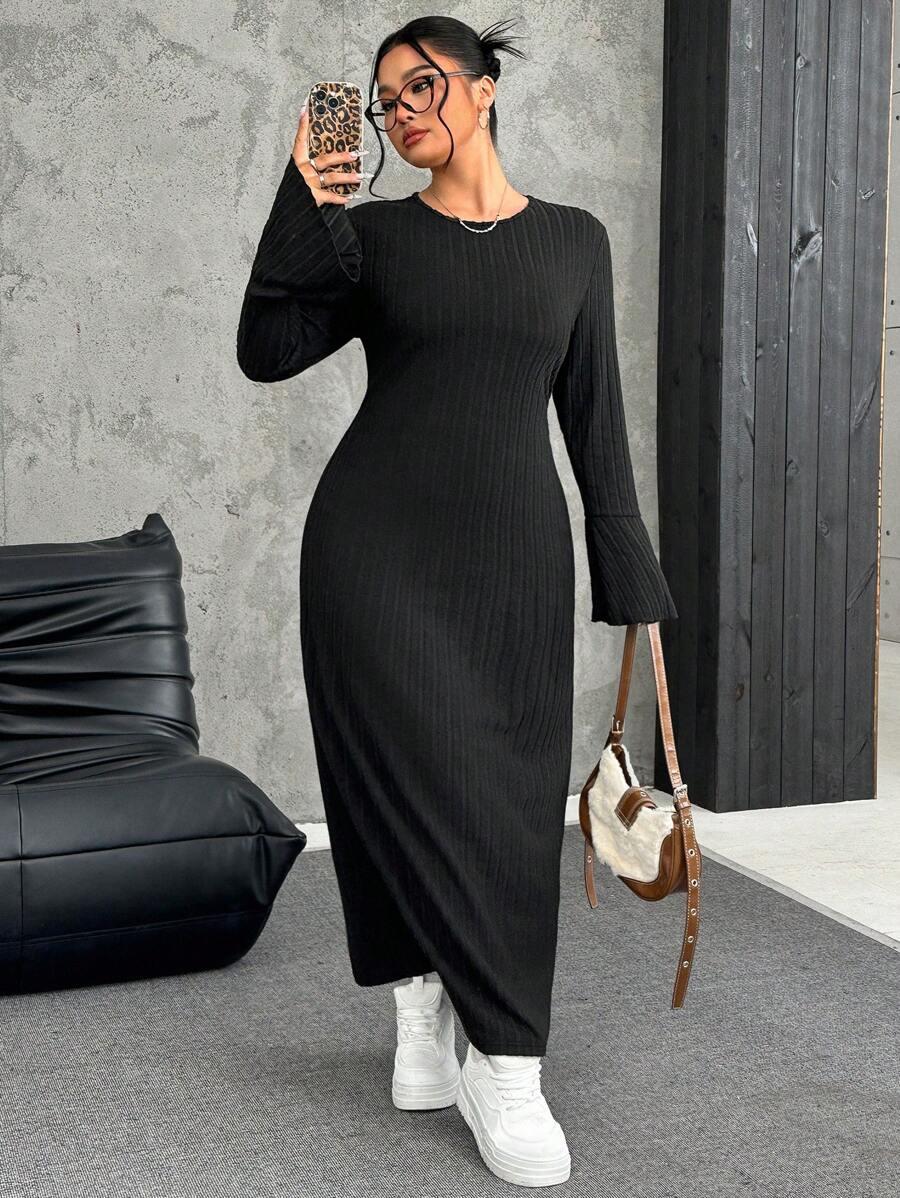 SHEIN EZwear Plus Size Women Casual Solid Color Long Sleeve Asymmetrical Hem Long Dress, Autumn/Winter