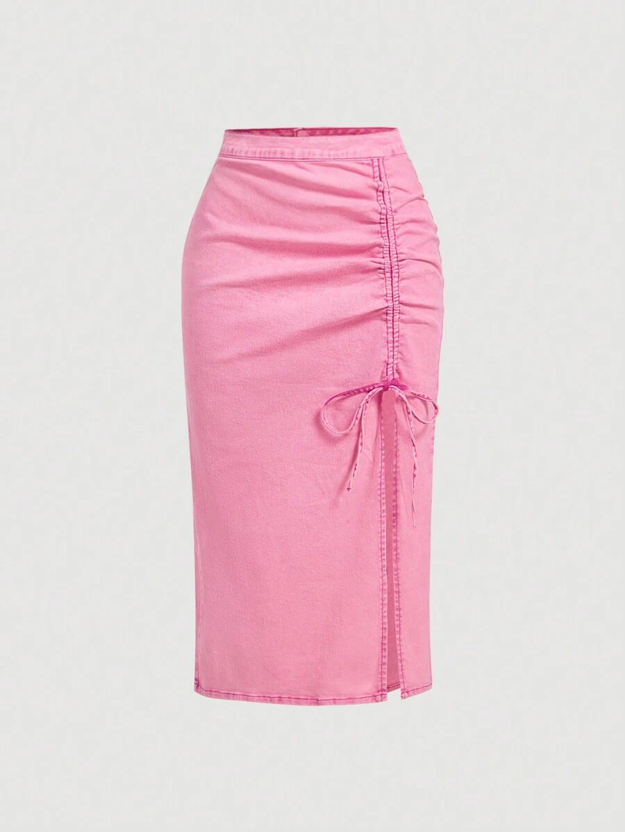 SHEIN MOD Women's Solid Color Pleated Knot Button Zip Denim A-Line Skirt