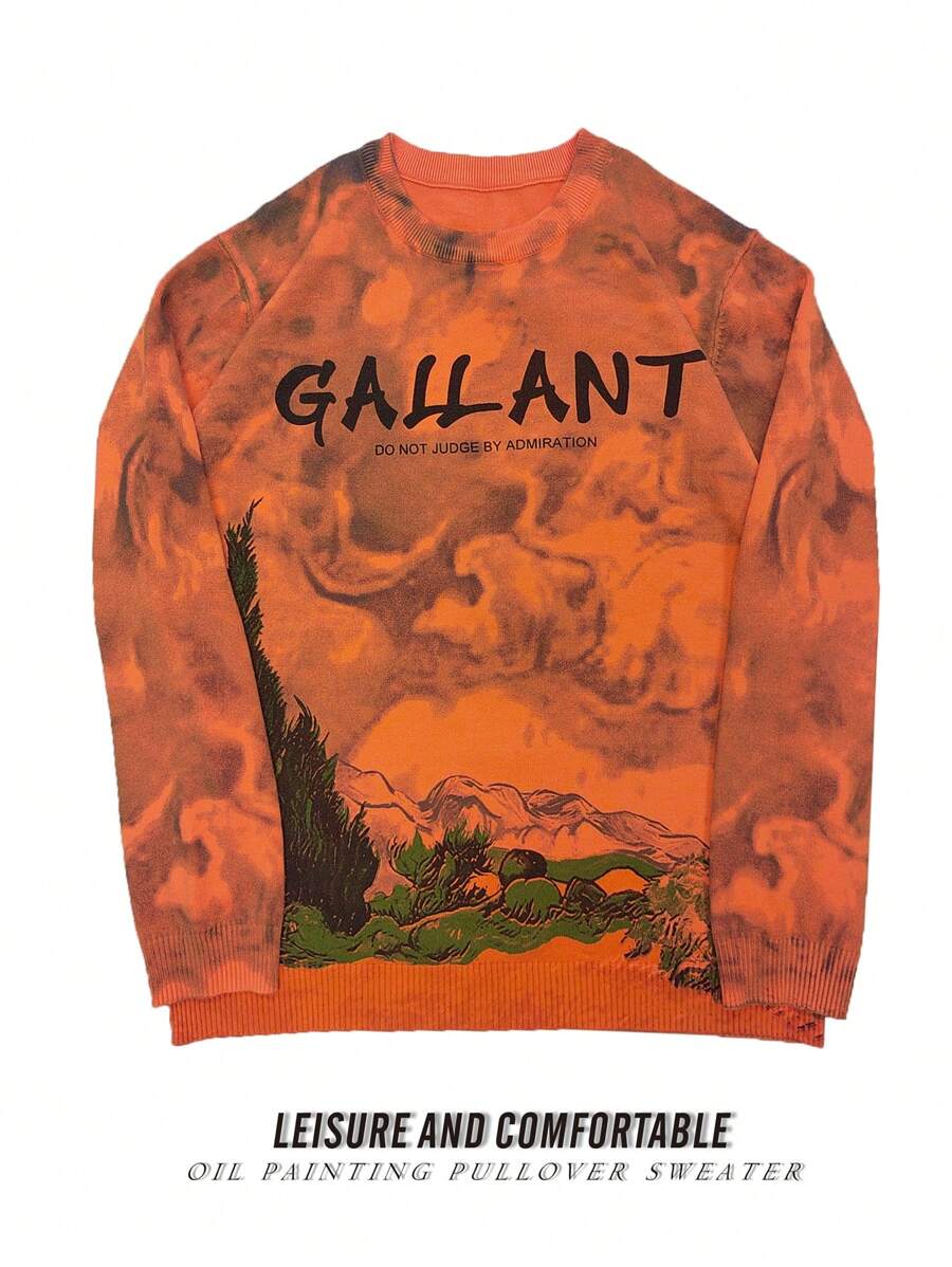 Manfinity Homme Men's Casual Tie-Dye Mountain & Letter Print Sweater, Autumn/Winter