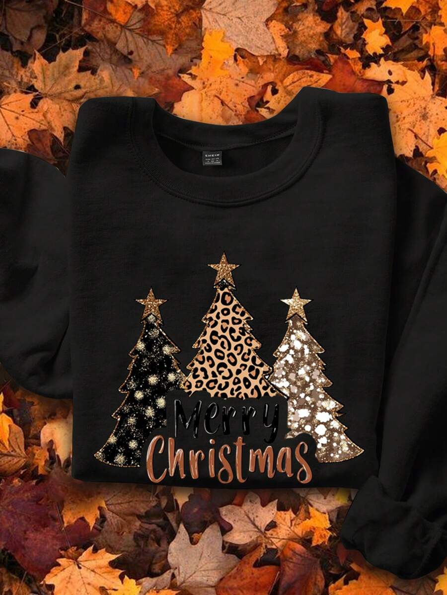 SHEIN EZwear Casual Minimalist Christmas Tree Print Round Neck Loose Women Sweatshirt, Autumn/Winter Christmas Outfit