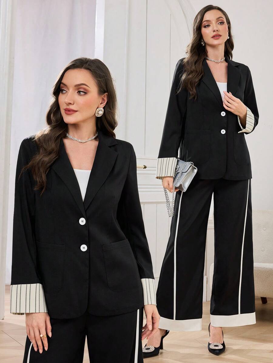 Modelyn Women Solid Color Woven Jacket With Black & White Striped Panels, Autumn/Winter