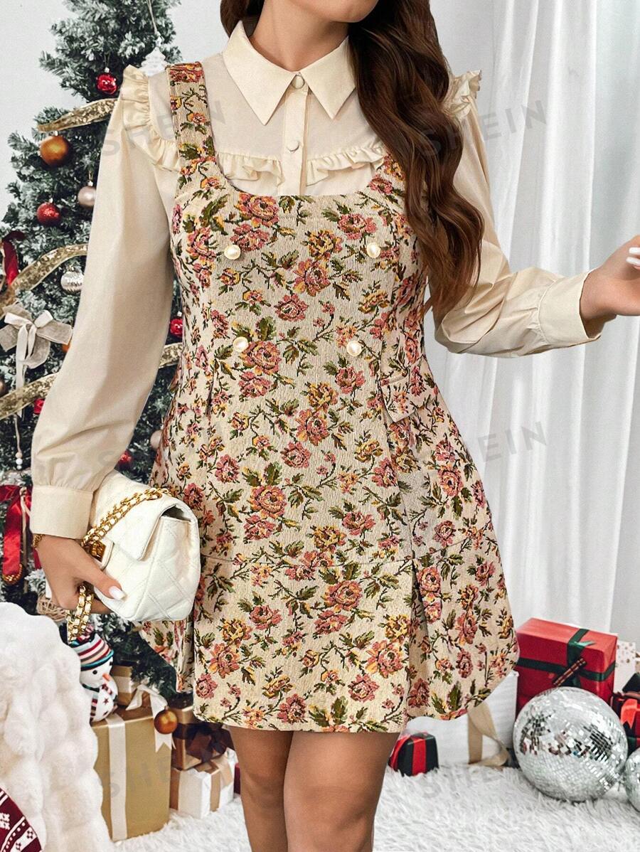 Franclia Set de 2 piezas de vestido sin mangas con estampado floral elegante y camisa de manga larga unicolor para tallas grandes, otoño