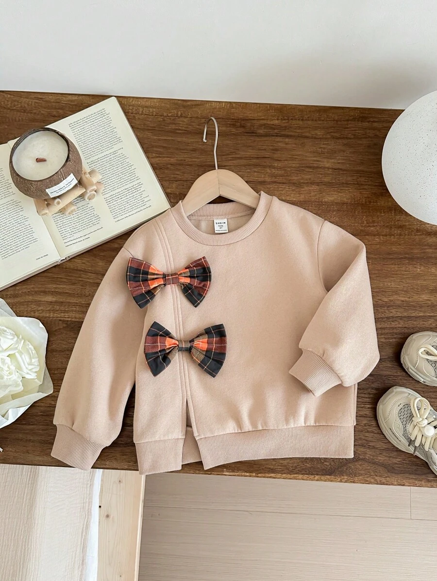 SHEIN LMoss Kids LMoss Young Girl Young Girl Knitted Solid Color Round Neck Patchwork Plaid Bow Decor Loose Casual Sweatshirt