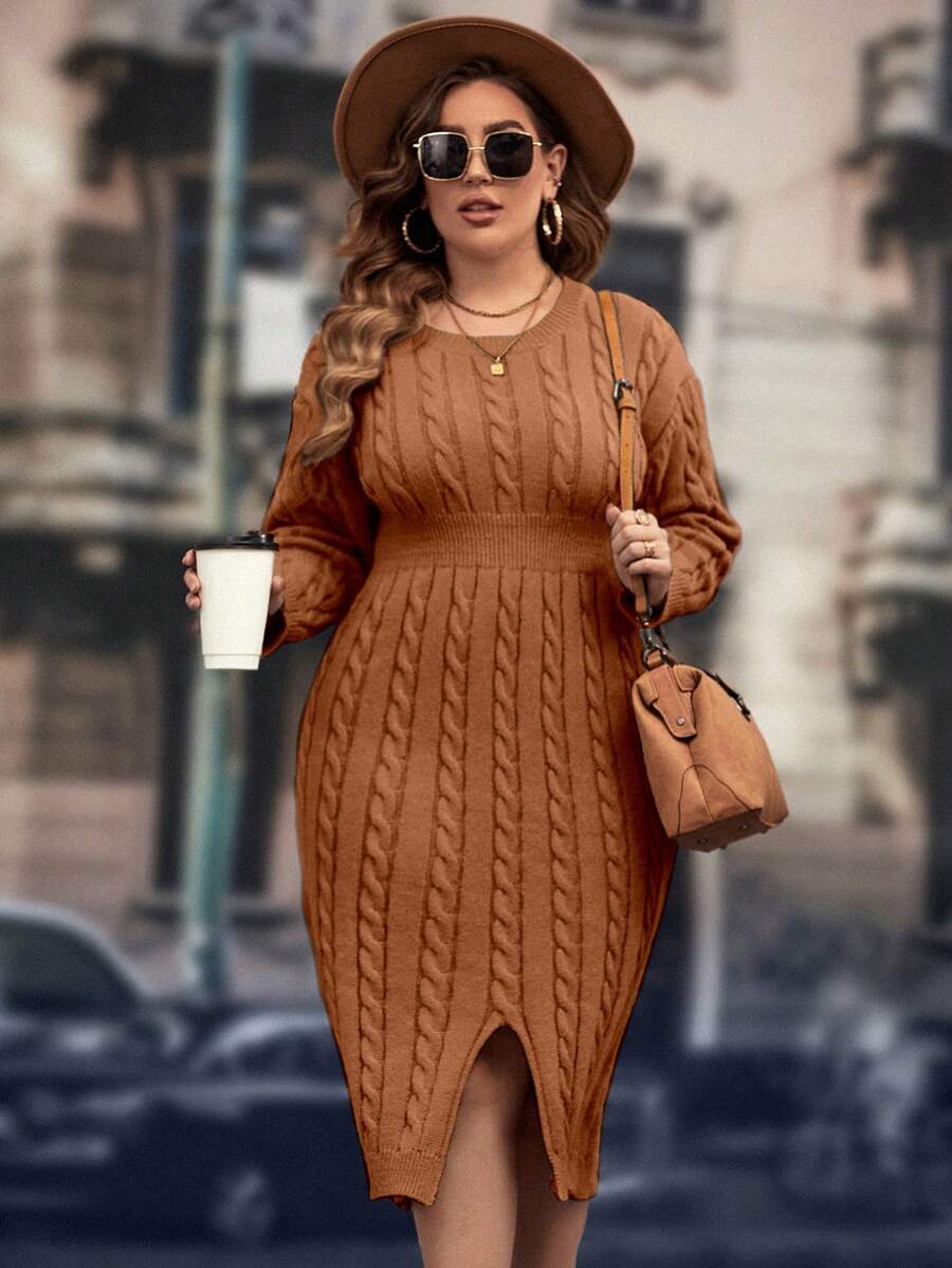 SHEIN Clasi Plus Size Solid Color Crew Neck Twist Pattern Casual Everyday Long Sleeve Sweater Dress