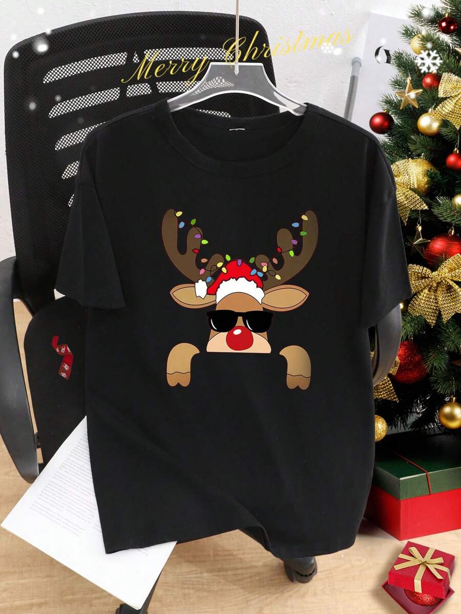 Jongens Rendier Draagt Zonnebril Grafische Kerstversiering Print Ronde Hals Losse T-shirt, Kerst T-shirt