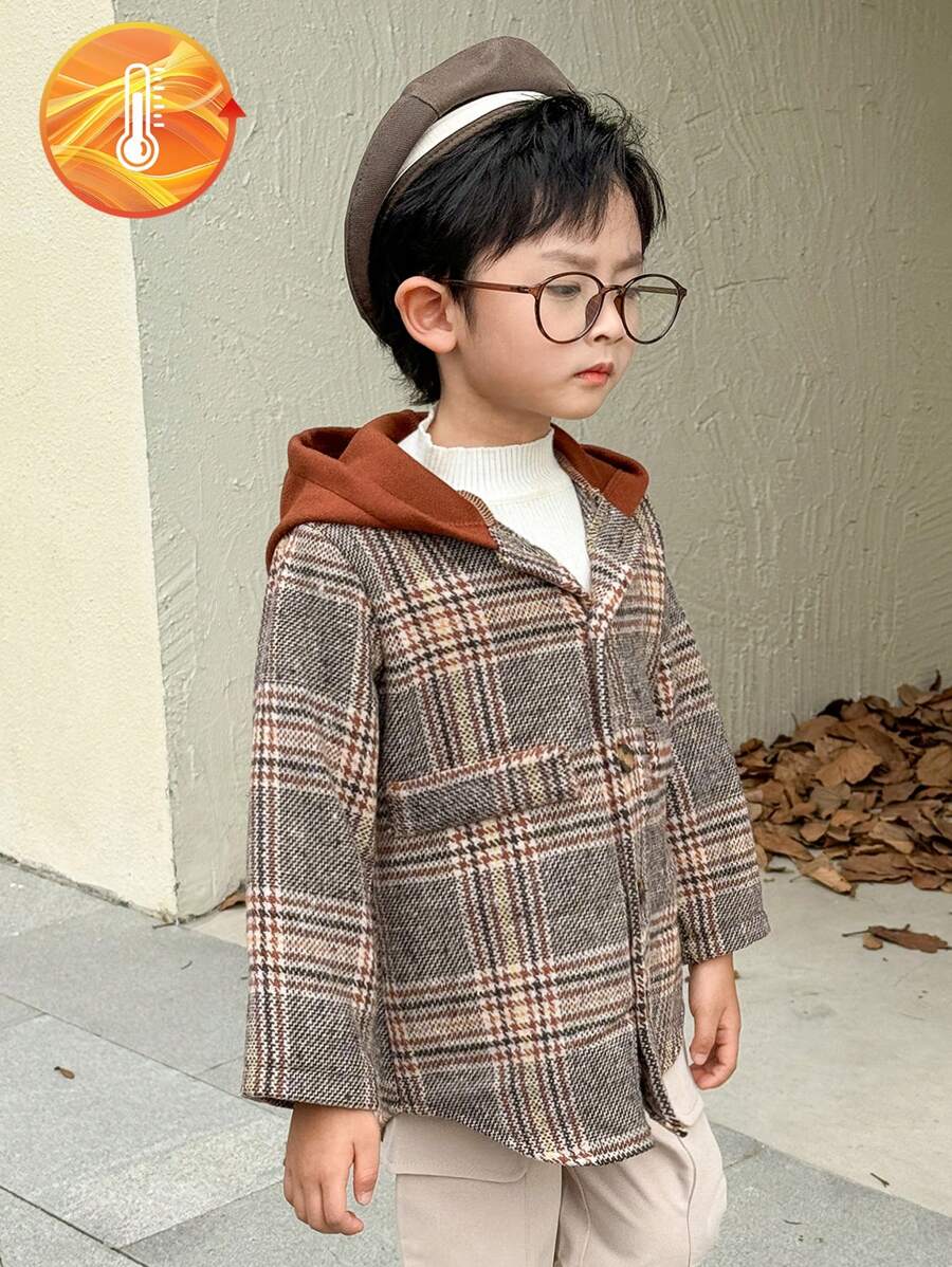Young Boy Plaid Splice Long Sleeve Colorblock Hooded Casual Loose Jacket, Winter
