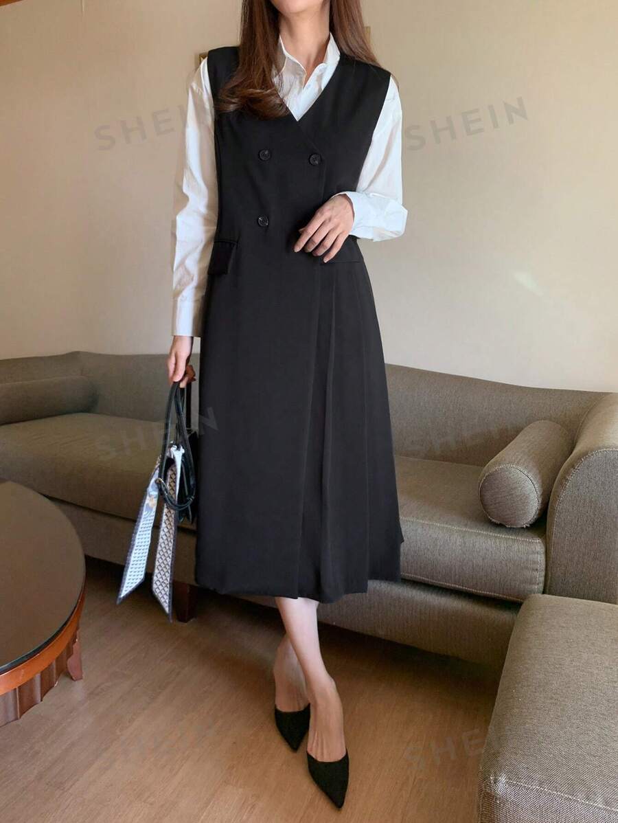 DAZY Vestido elegante de mujer con cuello en V sin mangas y botones, y chaleco, ropa de otoño