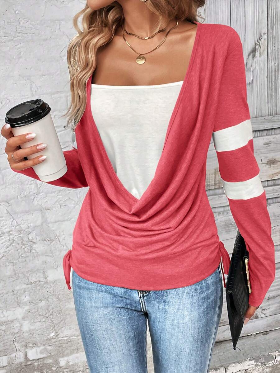 SHEIN LUNE Women's Contrast Color Round Neck Drape Striped Print Casual Long Sleeve T-Shirt For New Year Clothes Graphic Tees Women Tops For Spring Outfit
