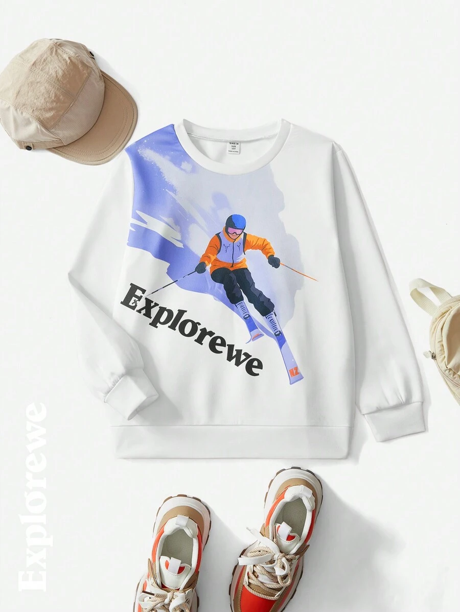 SHEIN Tie-Dye Printed Long Sleeve Thermal Lined Sweatshirt For Tween Boys, Warm Outdoor Fashion Crew Neck Pullover