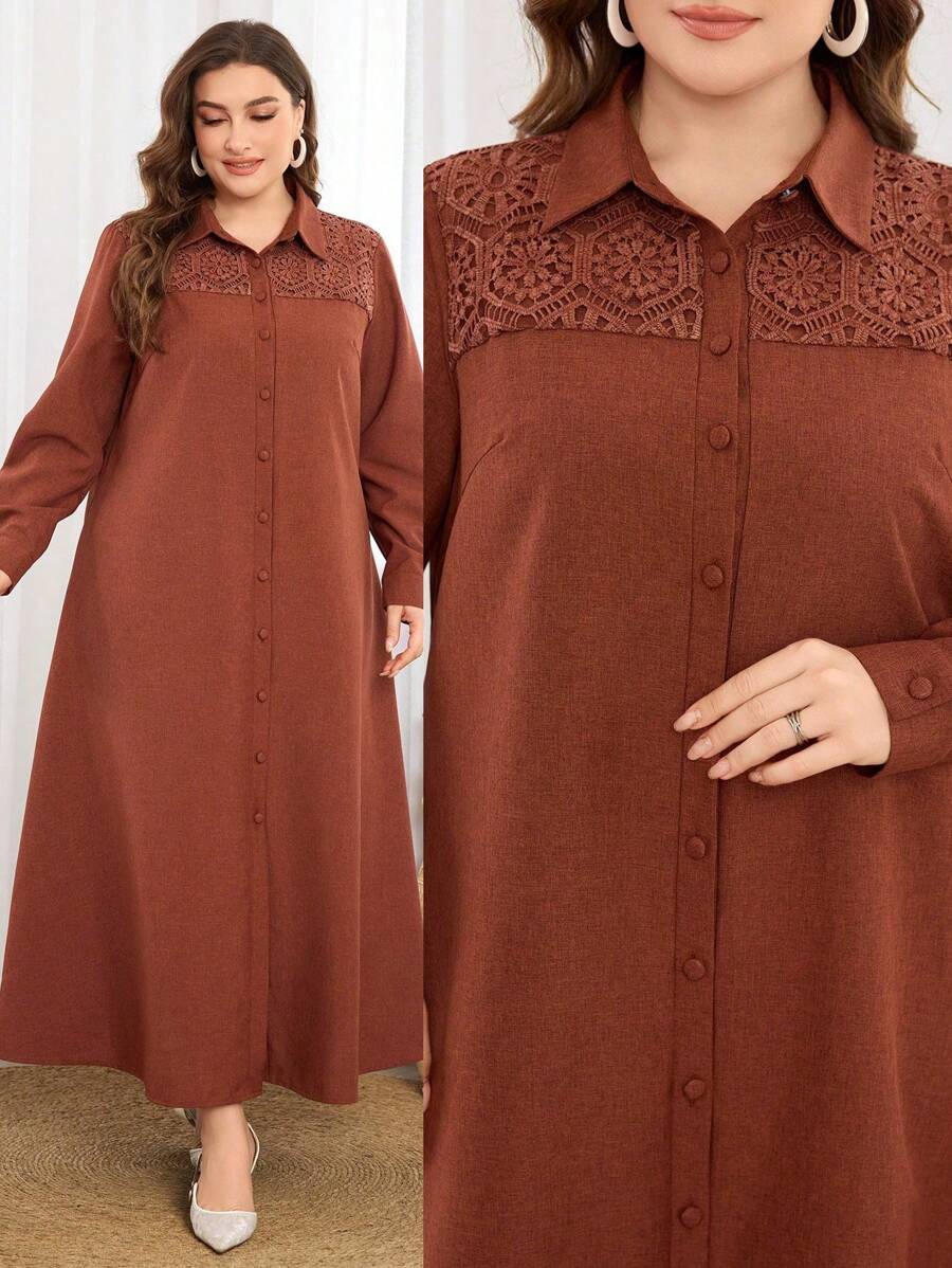 Al Najma Lace Trim Collar Splice Elegant Plus Size Women Long Dress, Modest Casual Shirt Maxi Dresses, For Casual Daily
