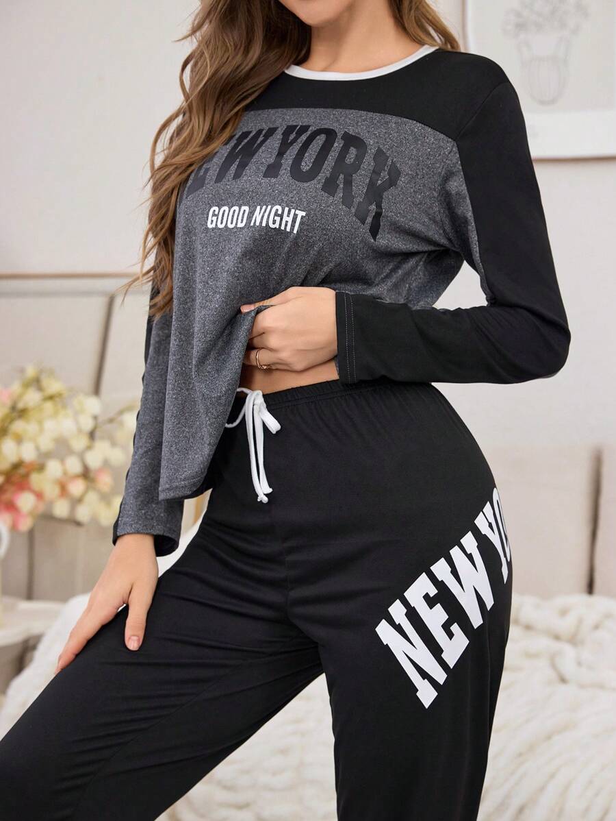 Conjunto de pijama informal de manga larga con bloqueo de color y estampado de lema