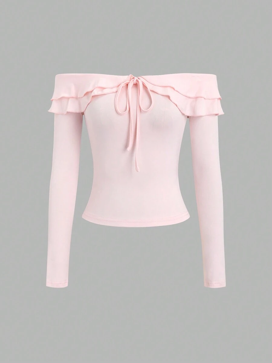 Sweetra Camiseta con cuello de volantes y lazo, ajustada con cuello de volantes, color rosa, outfit de otoño/invierno Y2K para mujer