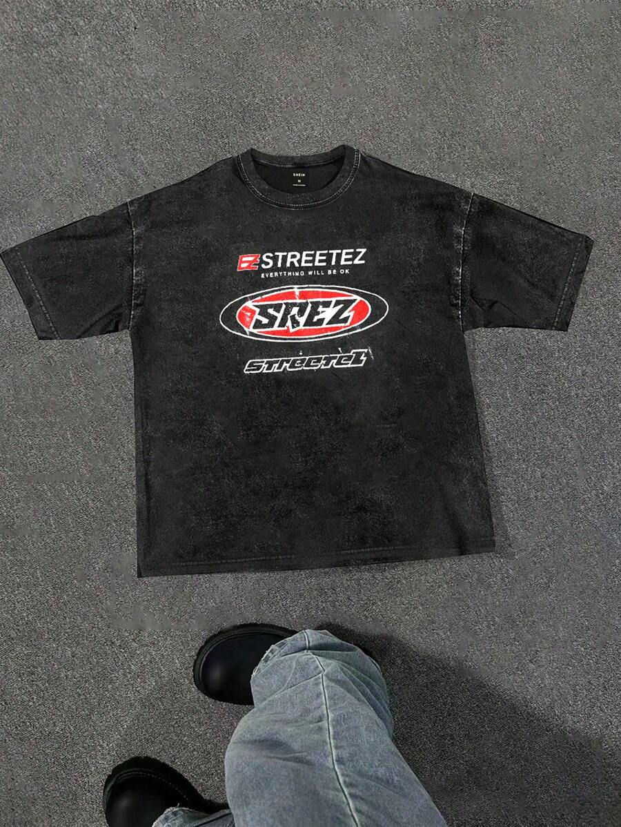 Manfinity RebelGame Męska koszulka z krótkim rękawem i okrągłym dekoltem w stylu vintage z nadrukiem w stylu casual, prezent dla chłopaka, na wyjście