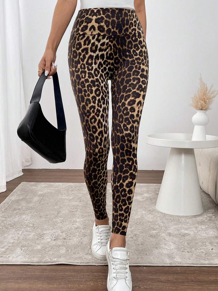 SHEIN LUNE 2024 New Brown Leopard Print Petite Women's Fashion Biker Style Leggings Leopard Print