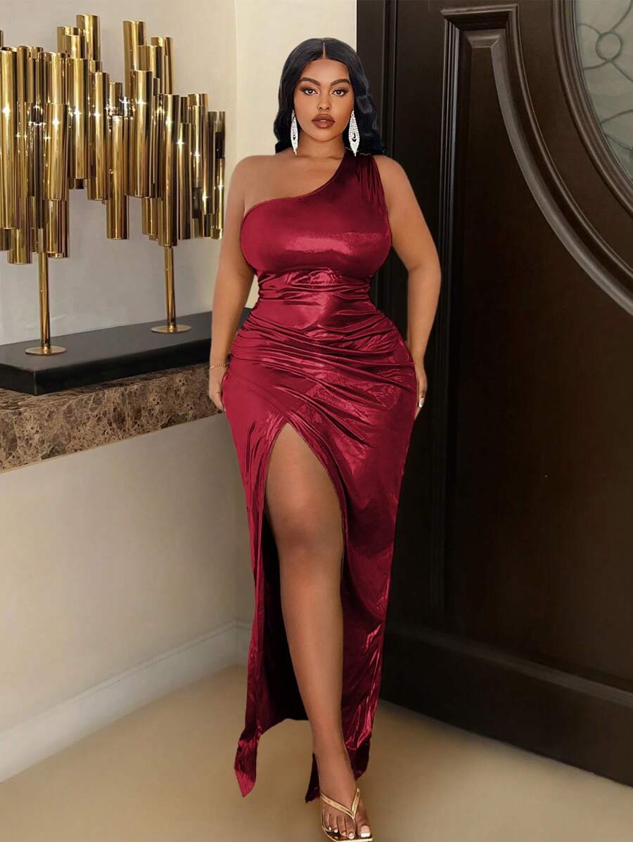 Slaydiva Elegant Asymmetrical Neck Cinched Waist Bodycon High Slit Gold Autumn Dress, Plus Size