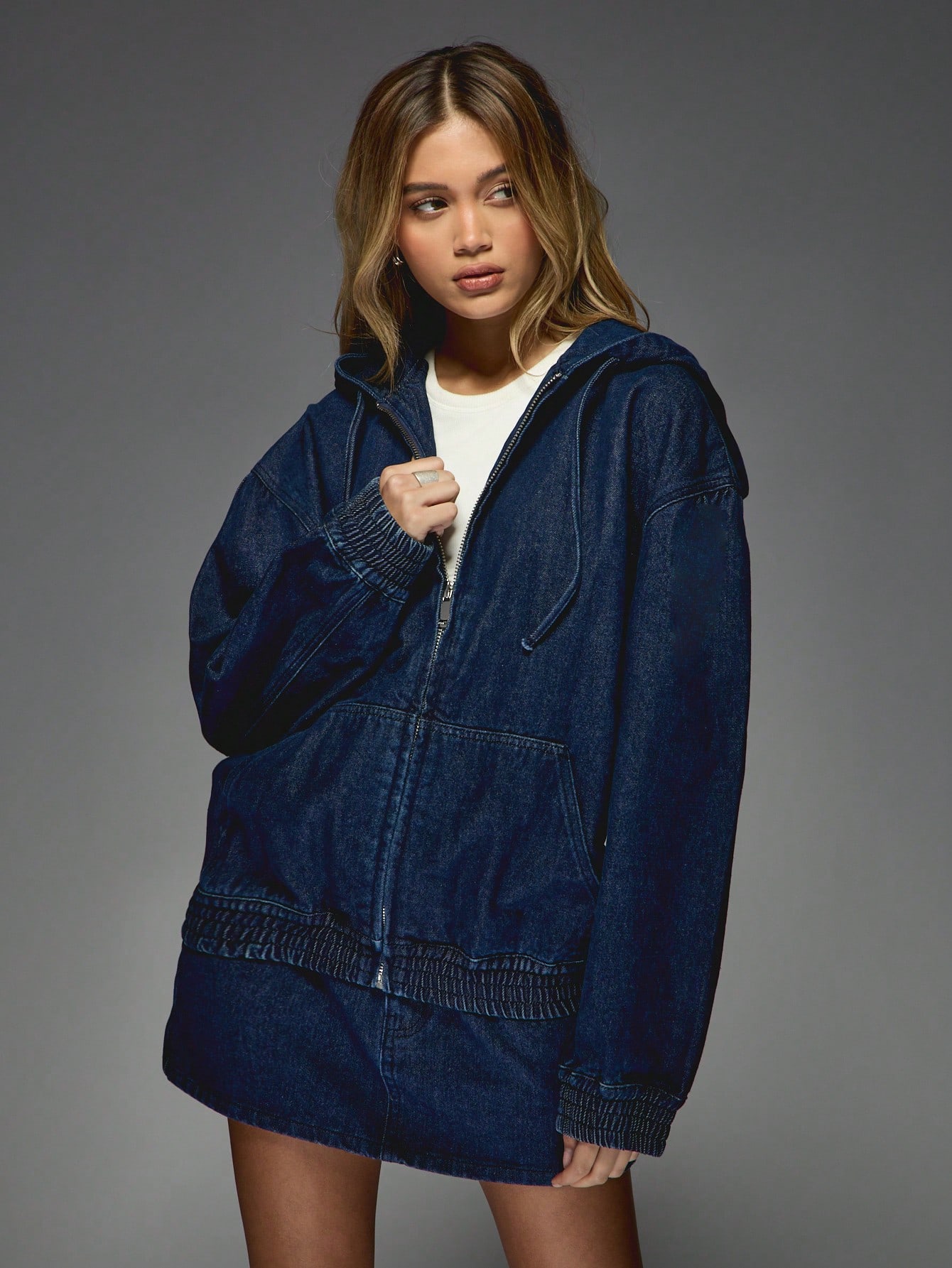 Oversized Hooded Women Denim Bomber Jacket｜MISSGUIDED