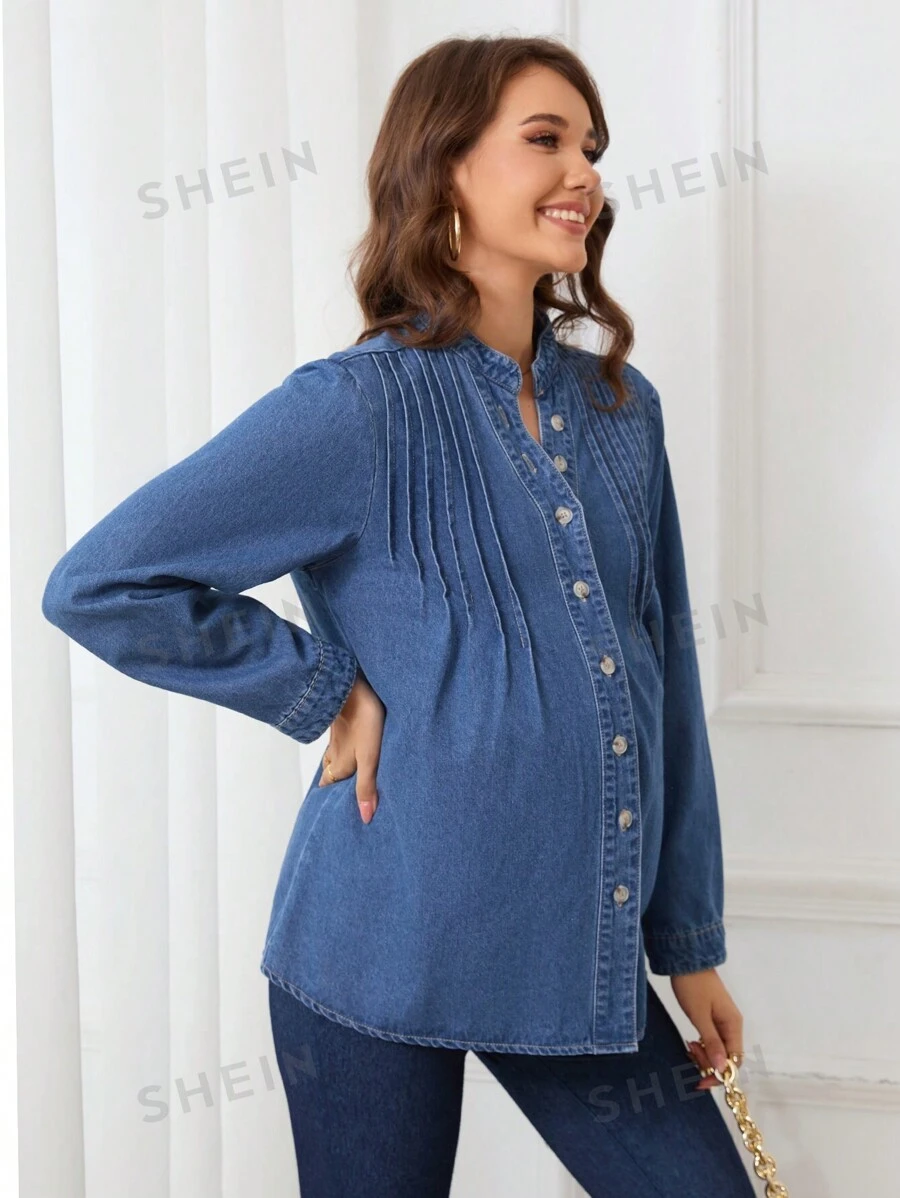 SHEIN Blusa casual de maternidad en denim con escote en muesca para otoño
