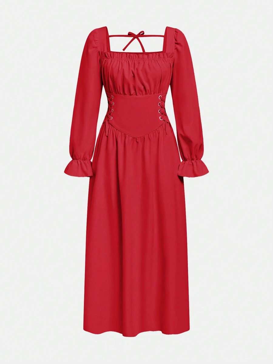 SHEIN Wildeya Donkere esthetische taille-cinch vierkante hals lange mouw jurk voor tienermeisjes