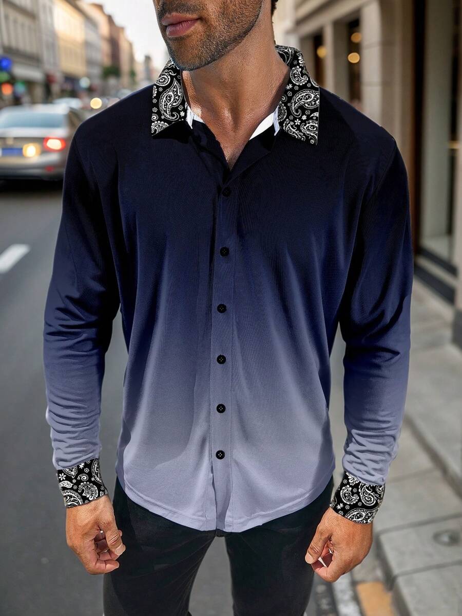 Manfinity Homme Plus Size Men Ombre Paisley Print Patchwork Long Sleeve Shirt, Autumn