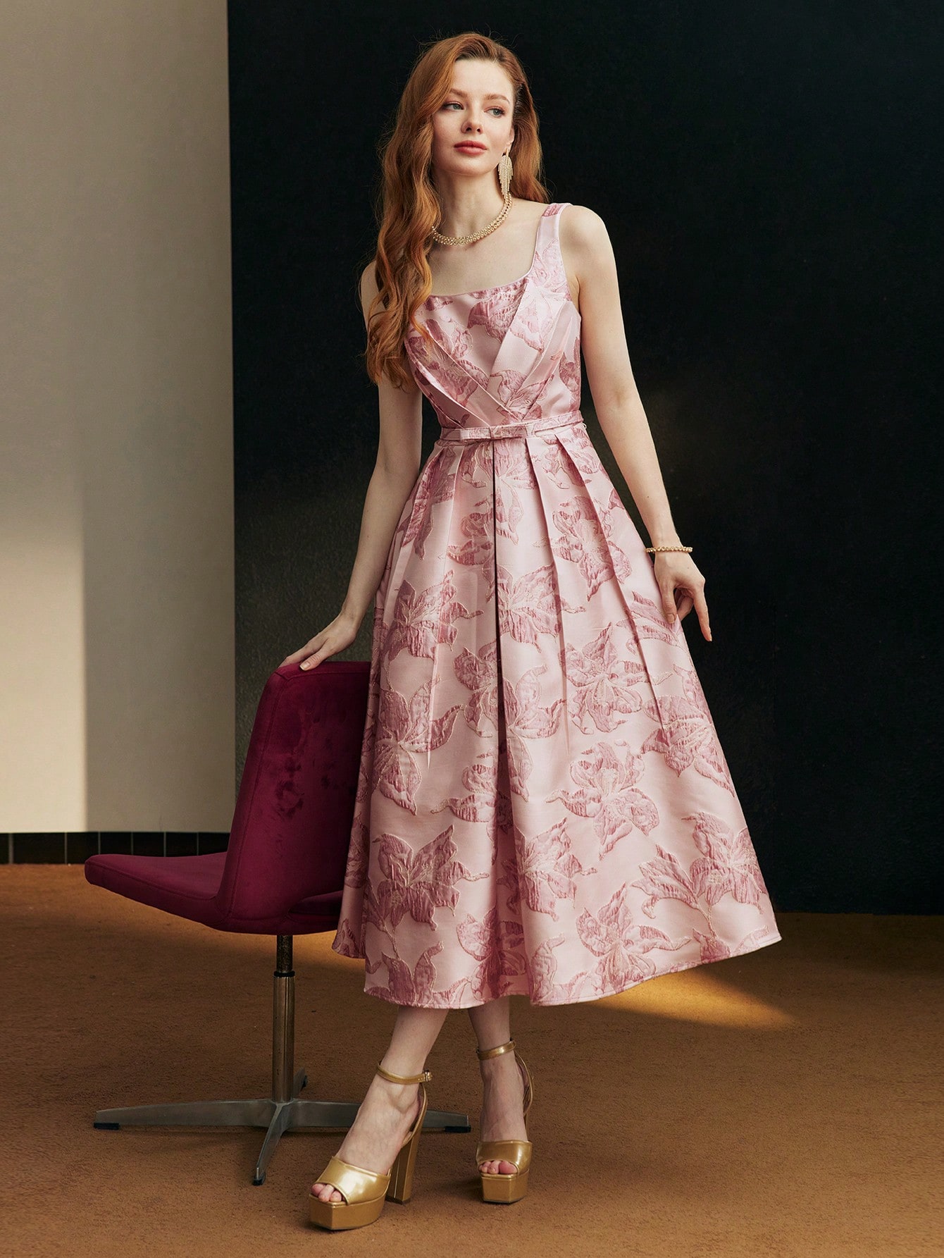 FLORAL JACQUARD BELTED DRESS｜Motf