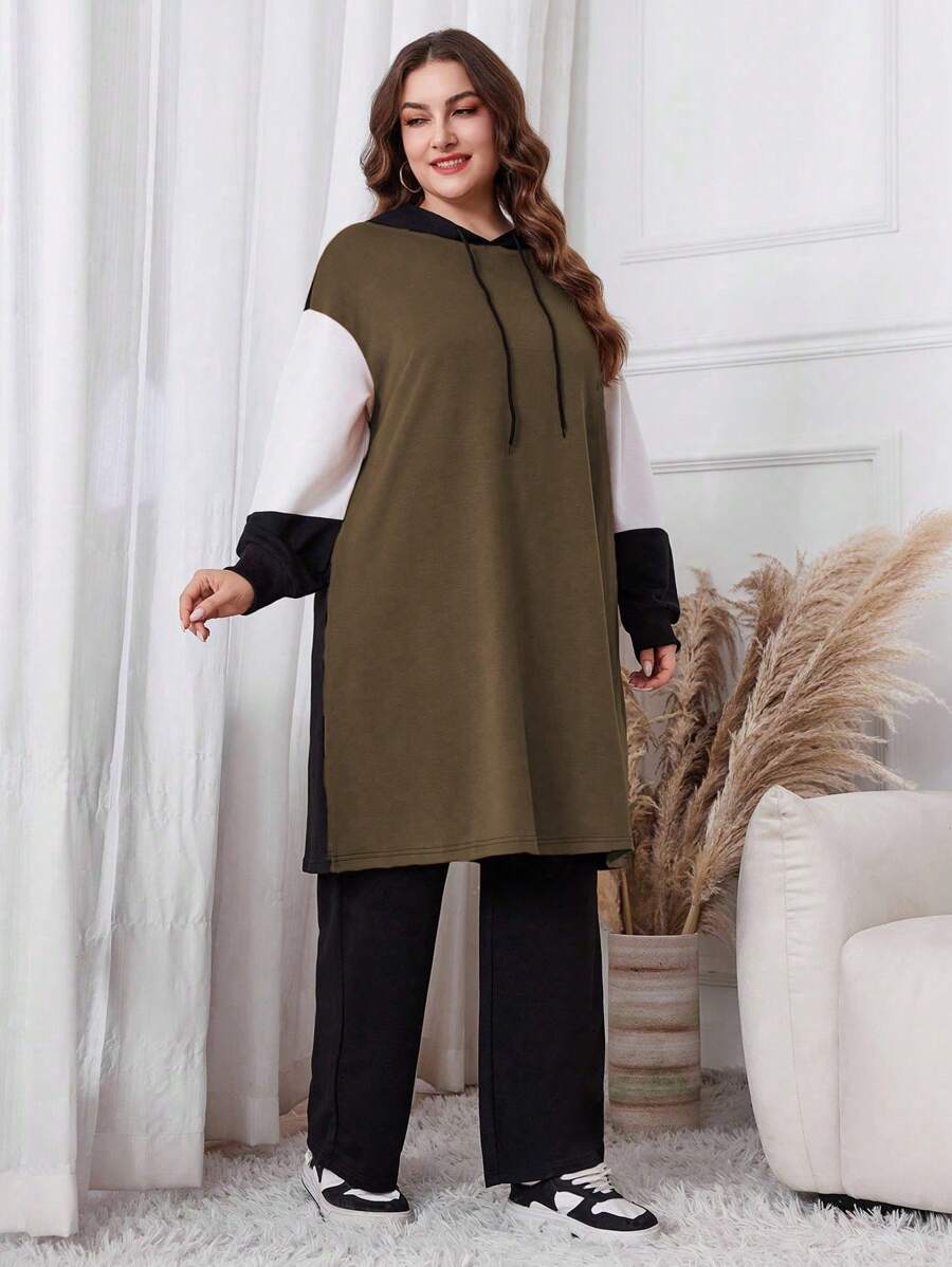 Mulvari Plus Size 2szt. Zestaw Bluza z kapturem i Spodnie z długim rękawem Patchwork 2 sztuki