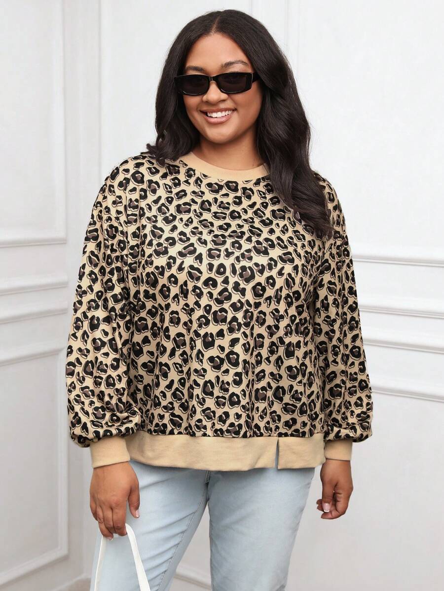 SHEIN LUNE Plus Size Women Leopard Print Round Neck Long Sleeve Casual Loose Sweatshirt, Autumn/Winter Thanksgiving Outfit Women New Years Women Outfit Winter Dresses Winter Clothes Women Rave Outfits Winter Clothes For Women Tops Hoodies Hoodie Hoodies Women New Years Women Outfit Winter Sweatshirt Tops Women Winter Coat Women Sweatshirts Top De Winter Outfits For Women Crop Top