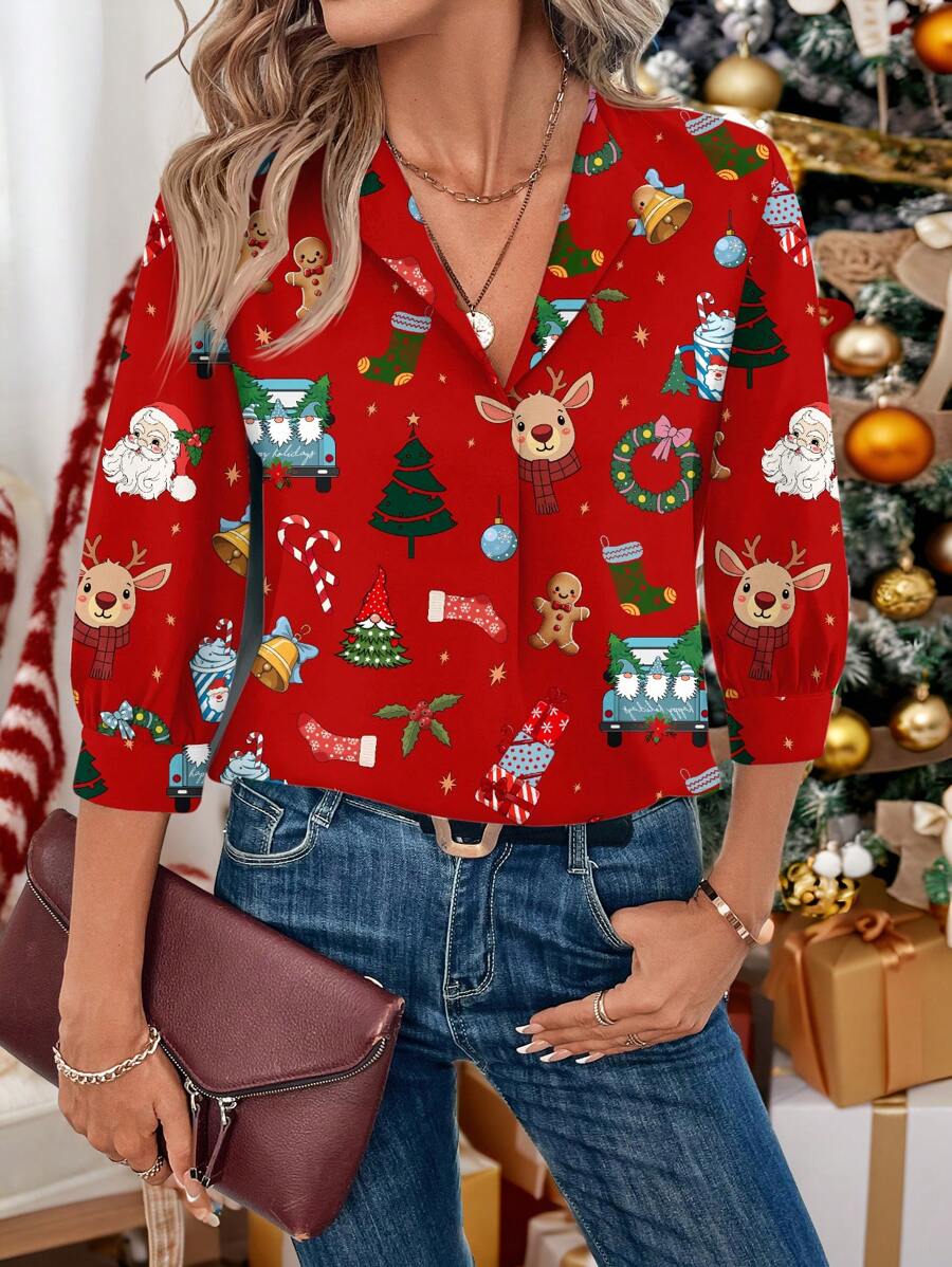 SHEIN LUNE Dames Casual Eenvoudig Kerst Hertenpatroon Kantoorkleding Print Shirt, Geschikt Voor Herfst/Winter