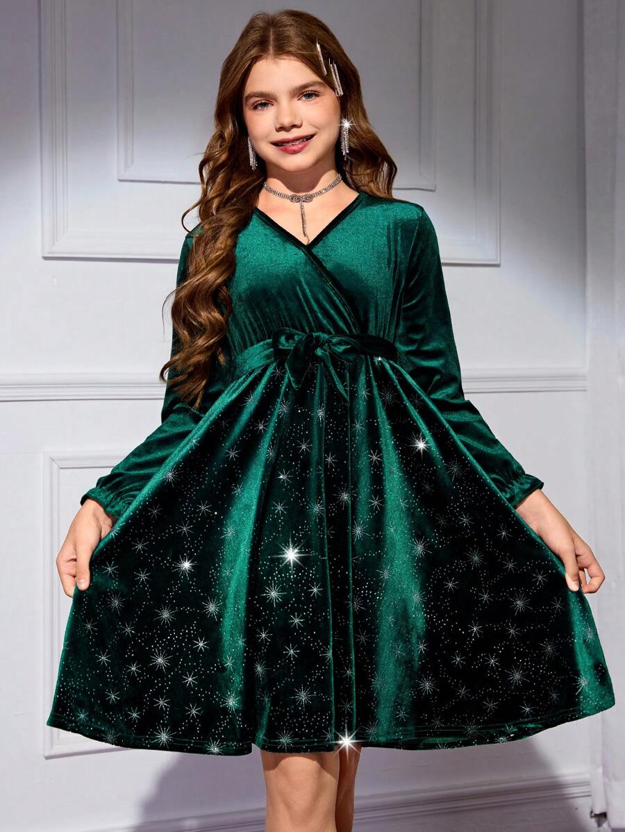 SHEIN Vestido de terciopelo con efecto de brillo en la cintura para niñas preadolescentes, elegante vestido de fiesta reflectante, adecuado para primavera, otoño y invierno/Navidad