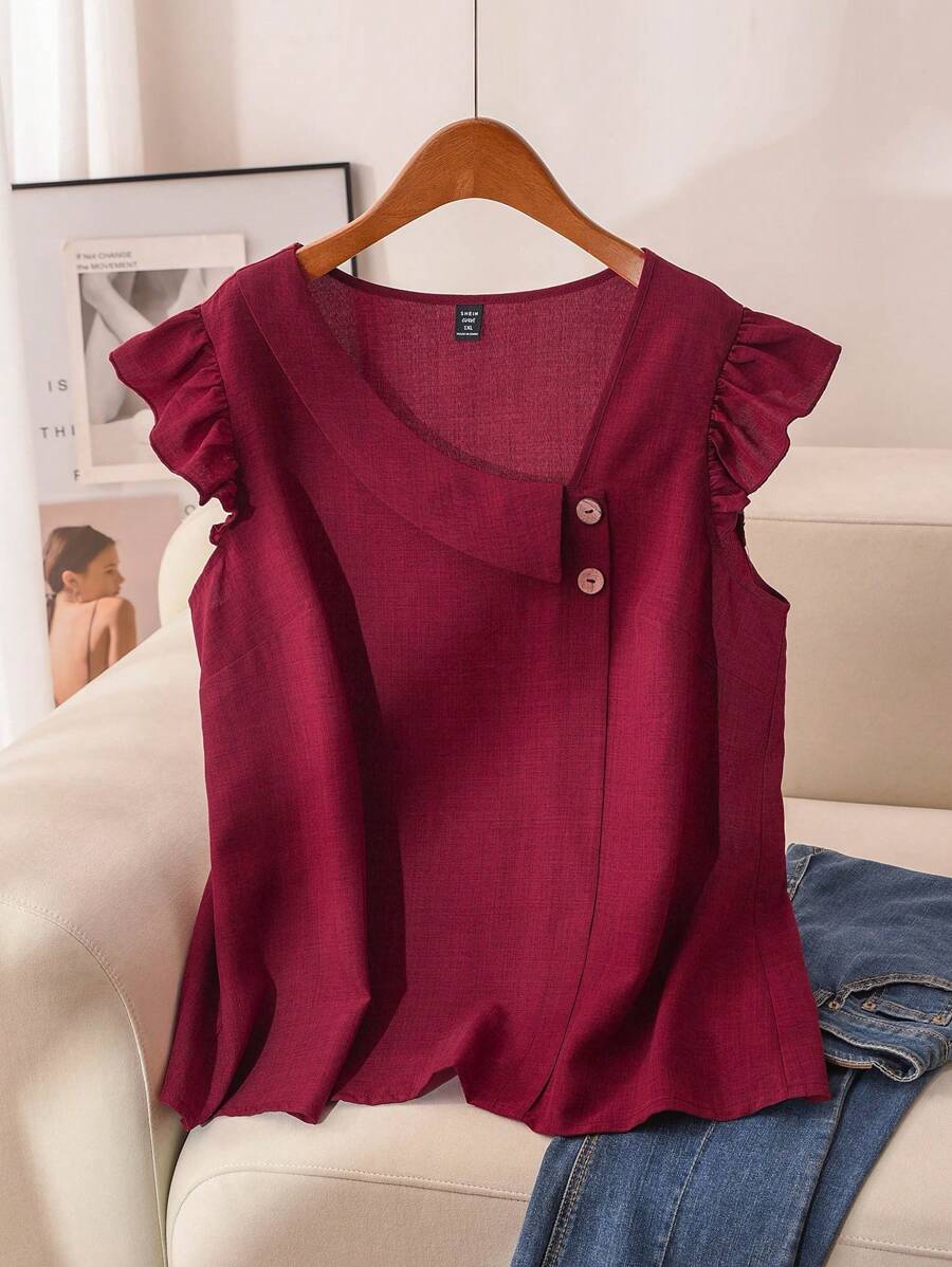 CosyJoli Plus Size Sleeveless Asymmetrical Collar Denim Effect Texture Casual Shirt, Summer