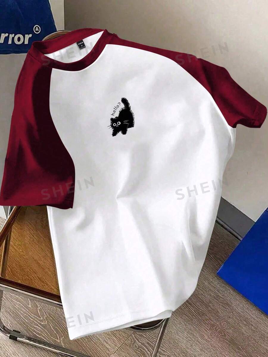 Attitoon Camiseta de manga corta de estilo suelto con cuello redondo y gráfico de gato minimalista casual para mujer, adecuada para el verano