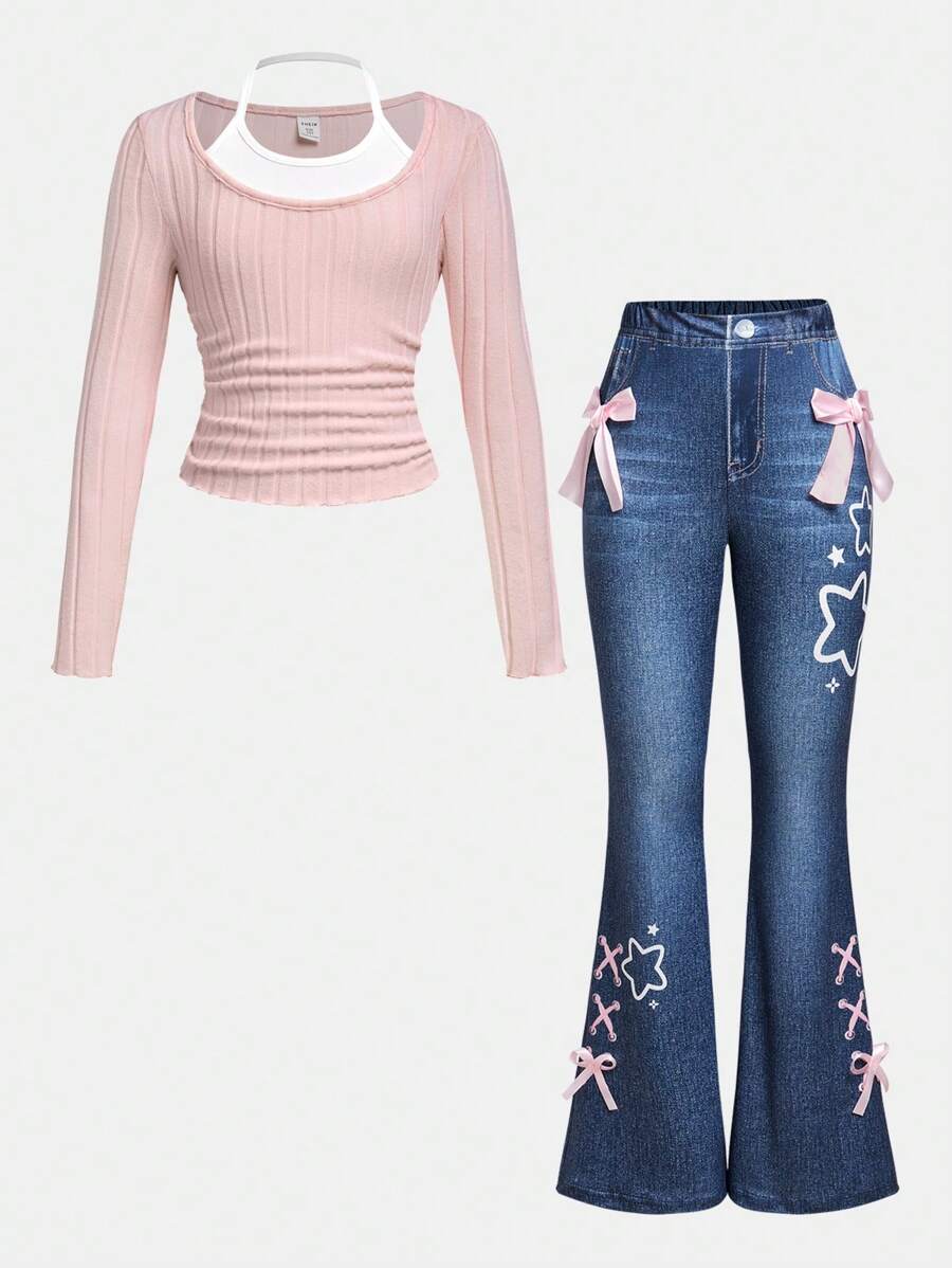SHEIN Lunivi Tween-Mädchen Schlaghose mit Denim-Effekt-Print, Schmetterlingsdekor und ärmellosem Neckholder-Top, lässiges 2-teiliges Set für Jugendliche