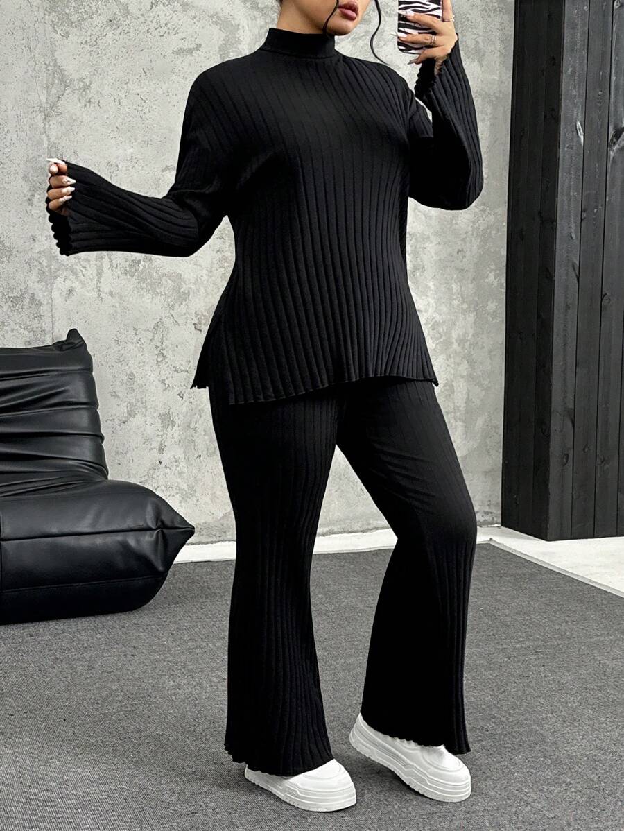 SHEIN EZwear Plus Size Solid Color Stand Collar Long Sleeve Casual Top And Pants 2 Pieces Set