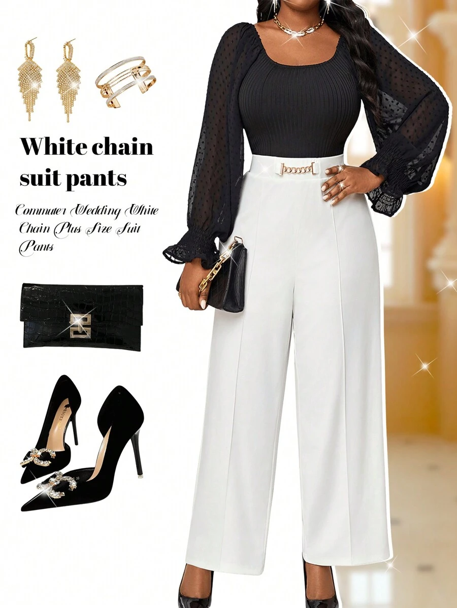 SHEIN Lady Autumn And Winter Elegant Plus Size Commuting Wedding White Knitted Chain Maxi Plus Size Suit Pants White Bloomers Work Pants