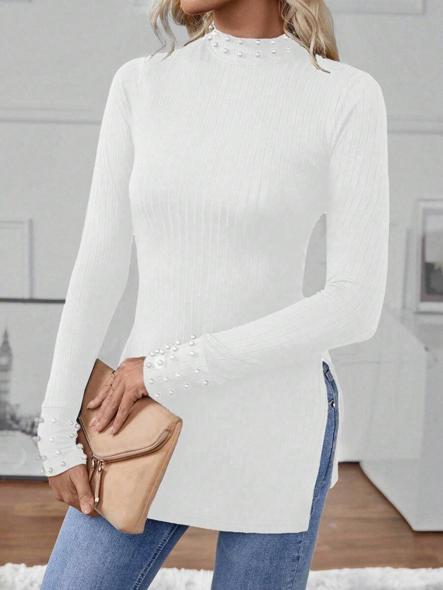 SHEIN LUNE Dames Slim Fit Lange Mouw Parel Versierd Hoge Hals Split Zoom T-shirt, Herfst/Winter
