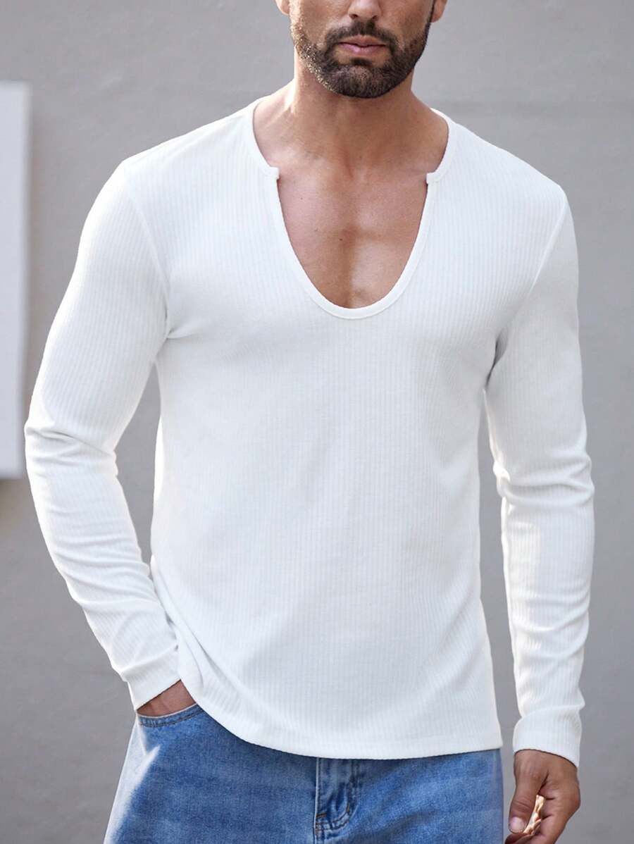 Manfinity Homme Men Solid Color Round Neck Long Sleeve Plain T-Shirt, Casual And Fashionable For Everyday Wear, For Gym