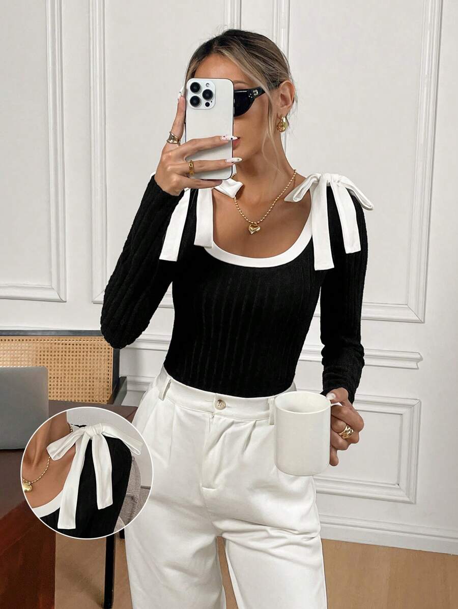 SHEIN Frenchy Women's Casual Contrast Color Round Neck Bowknot Bodysuit, Autumn And Winter,Contrast Color Bow Decoration, Tight-Fitting Long-Sleeved Black And White Bodysuit With Square Round Neck