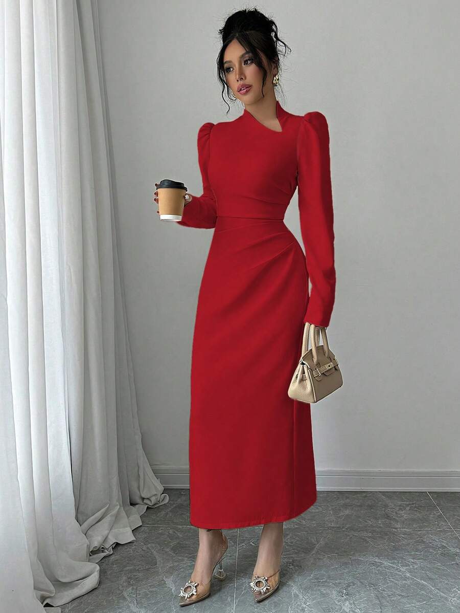 Elenzga Women's Apricot Asymmetrical Neckline Puff Sleeve Ruched Waist Slit Dress