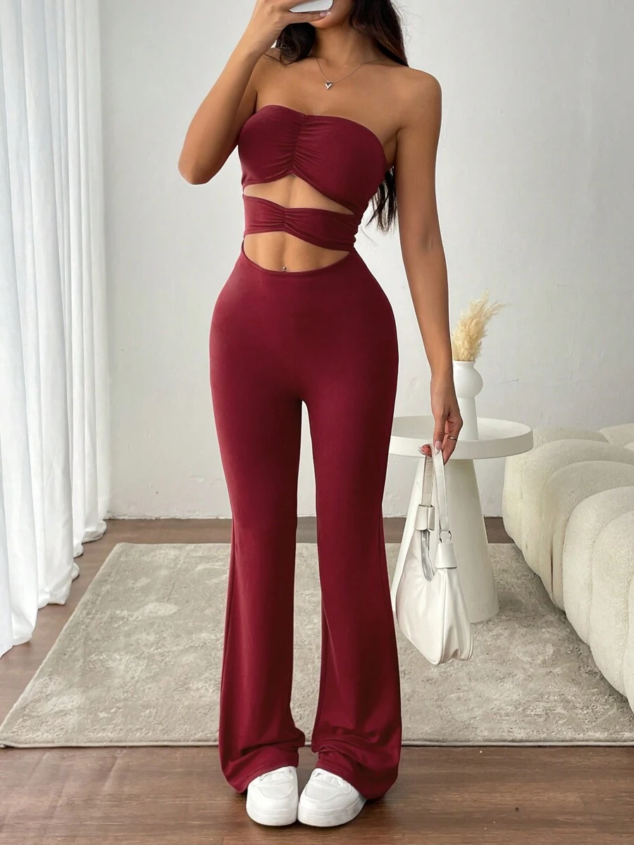 Flirla Y2K Sexy Solid Color Cutout Bandeau Casual Jumpsuit