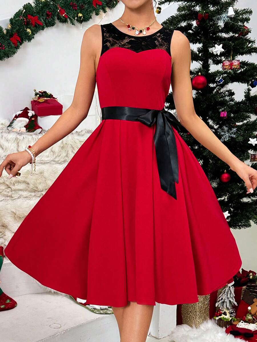 SHEIN Clasi Casual Solid Color Knit Contrast Lace Fitted Sleeveless Mid-Length Red Dress For Women Christmas Women Clothes Holiday Party Women Dresses