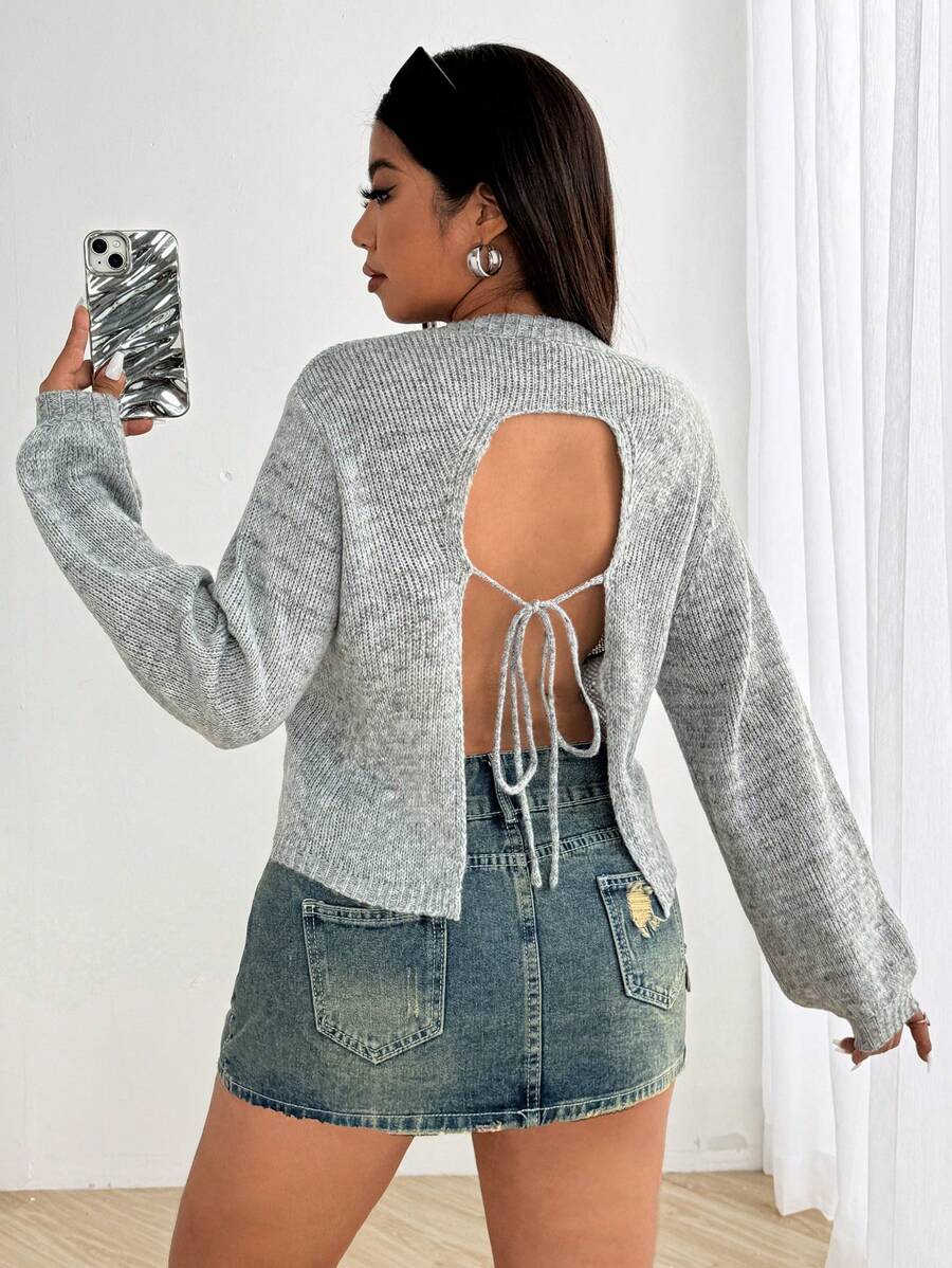 Calvaya Women's Fashion Open Back Lace Up Rib Knit Sweater, Crew Neck Long Sleeve Pullover