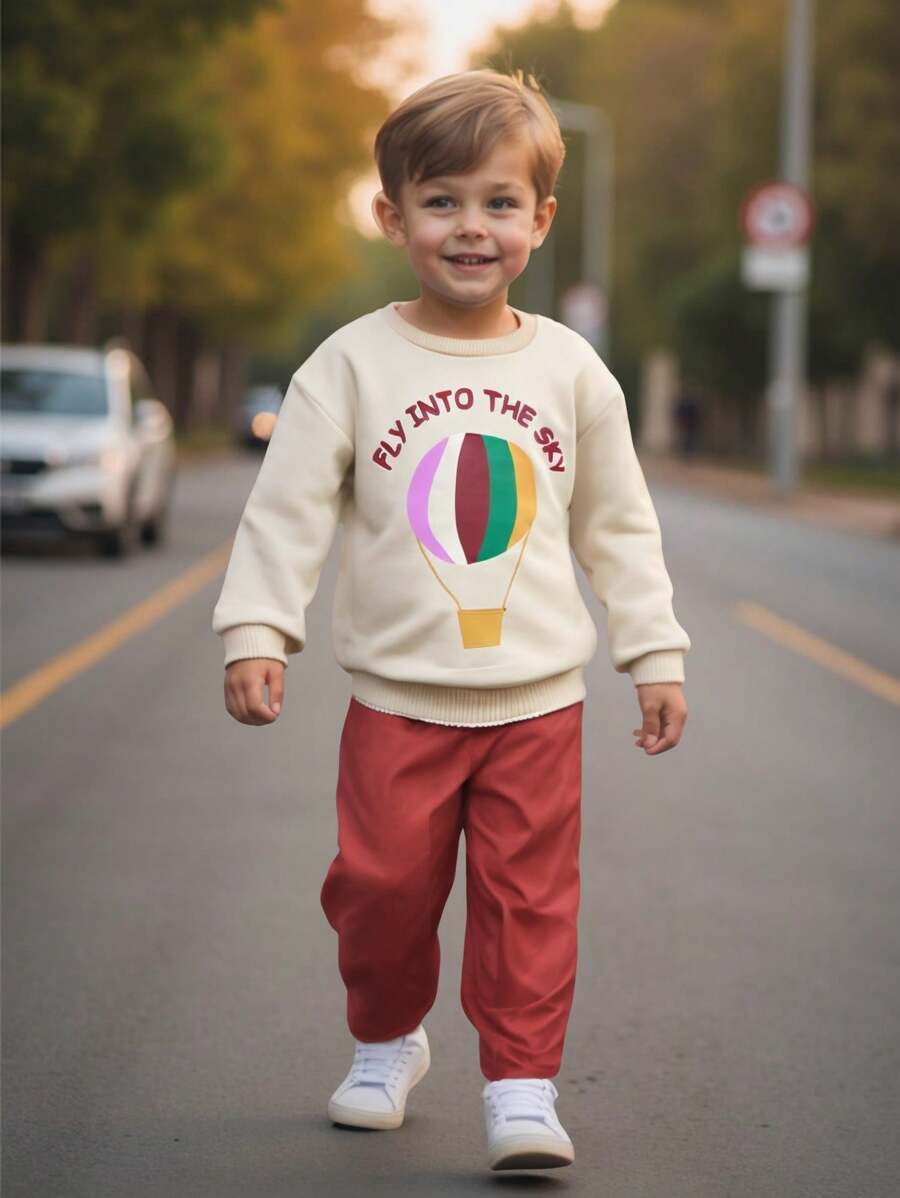 SHEIN 2pcs Boys Cute/Retro/Casual/Back To School Cartoon Design Long Sleeve Sweatshirt & Pants Set, Suitable For School & Outdoor Play, Spring/Autumn/Winter