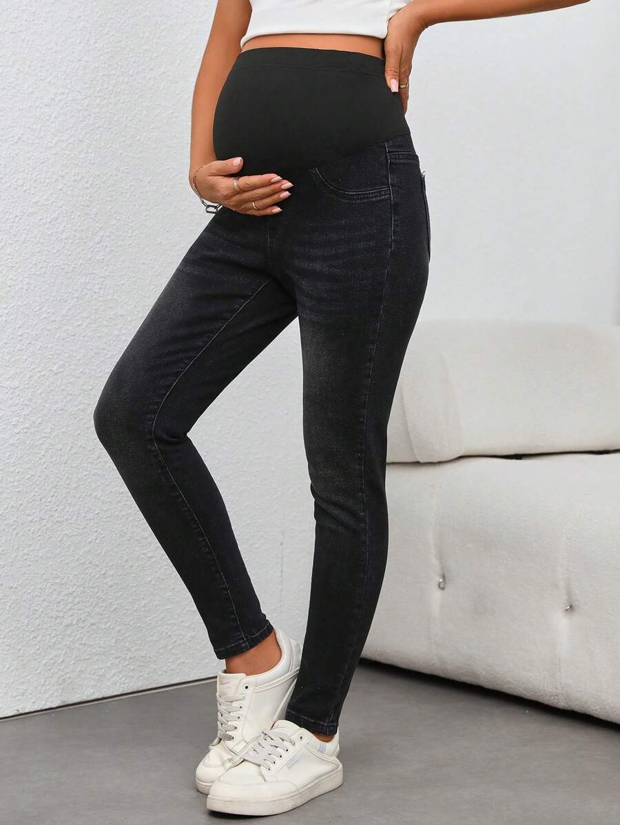 SHEIN Women's Light Color Casual Maternity Knitted Patchwork Skinny Jeans, All-Season Regular Fit