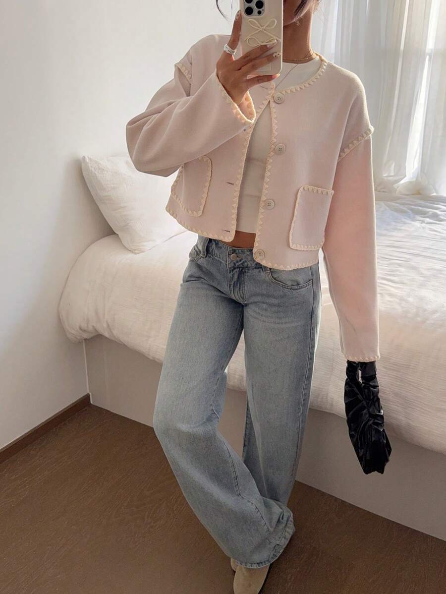 Siren Gaze Veste col rond pour femmes, veste à bordure contrastée brodée, veste de style casual de rue pour femmes, vêtements de bureau