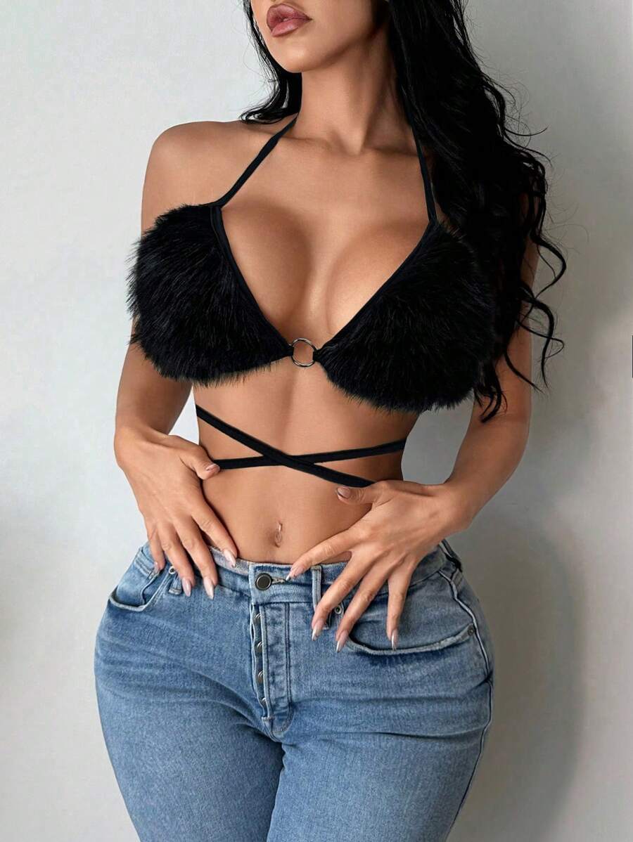 SHEIN SXY Women Sexy Solid Color Plush Criss-Cross Backless Knot Front Halter Top, Summer