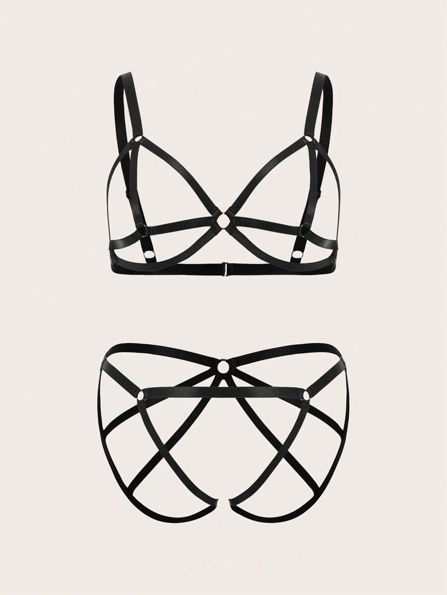 Classic Sexy Set de lencería sexy de 2 piezas para mujer de talla grande con unicolor y diseño calado