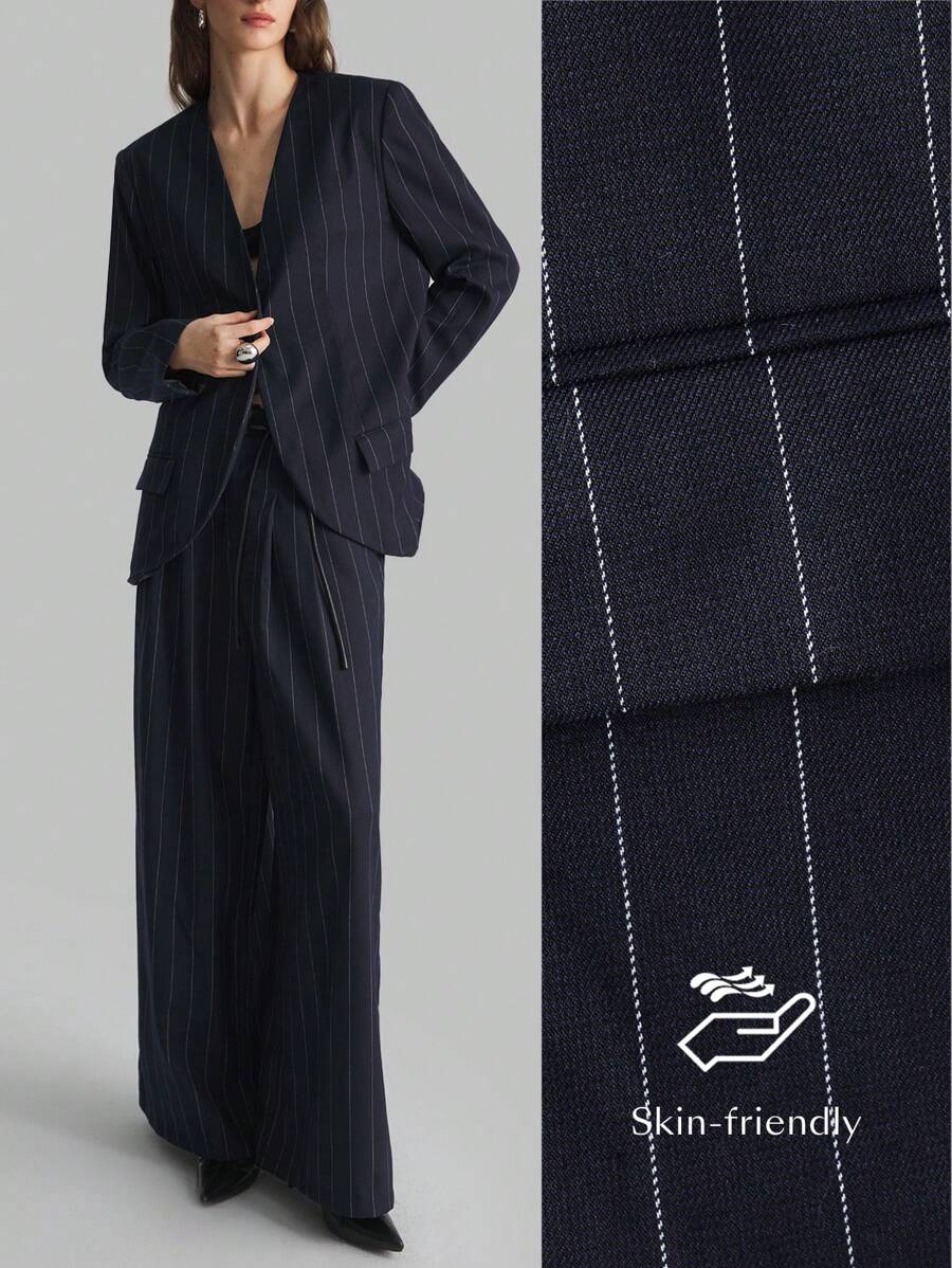Ontre Women's Black & White Pinstripe Retro Style Loose Blazer & Pants Suit, Office Wear